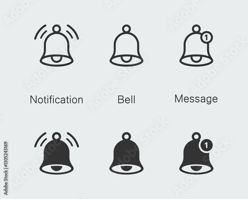 Notification bell icon set. Alarm symbol. Incoming message symbol. Bell for subscribe, alarm and push chat alert. New notification, reminder.