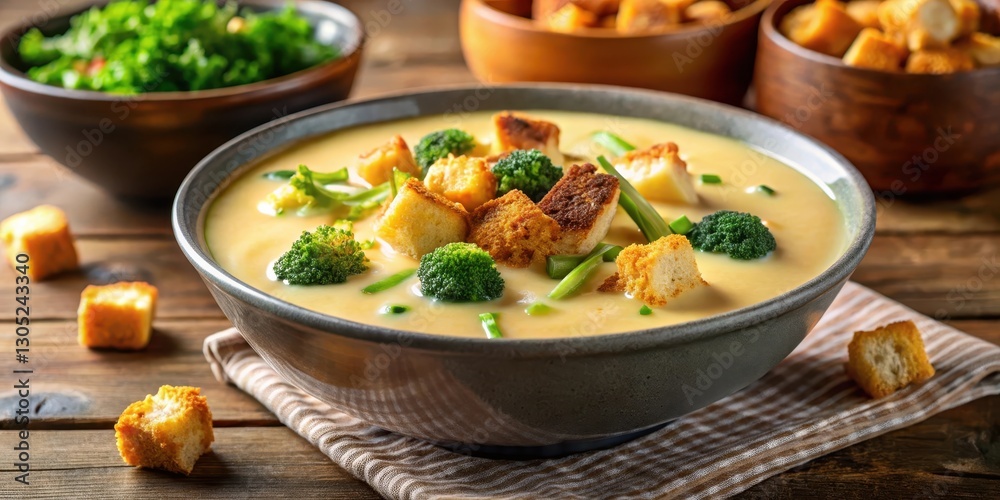 Creamy broccoli cheddar soup filled to the brim with melted, stringy cheddar cheese and topped with a layer of crispy, golden-brown croutons and scallions , brown, scallions Creamy broccoli cheddar soup filled to the brim with melted, stringy cheddar cheese and topped with a layer of crispy, golden-brown croutons and scallions , brown, scallions