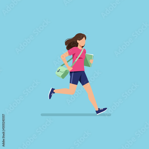 Woman Running with Bag and Book on Blue Background Illustration