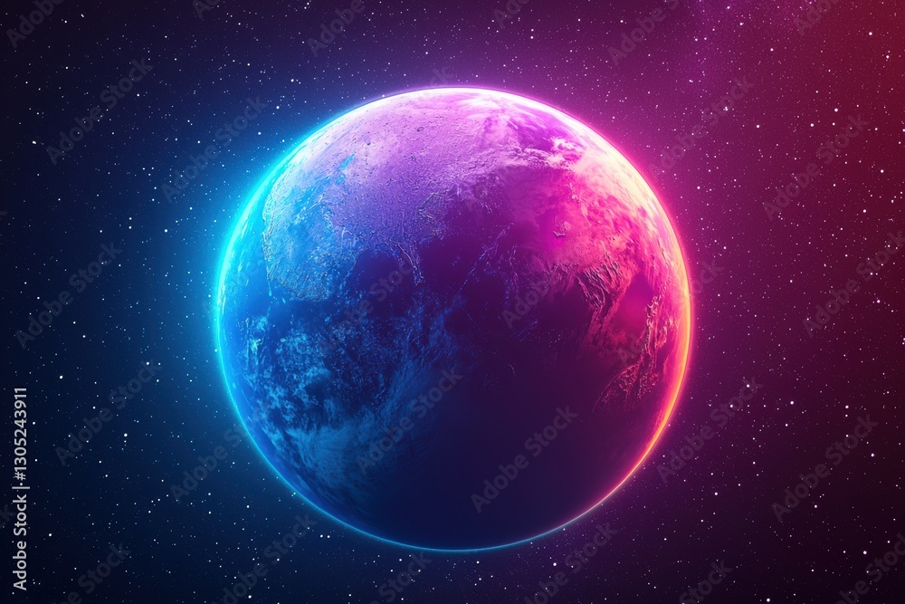 Planet earth rotating in space with glowing edges and starry background