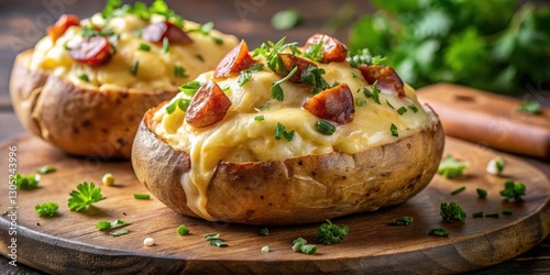 A perfectly baked stuffed potato kumpir is adorned with a medley of tasty toppings