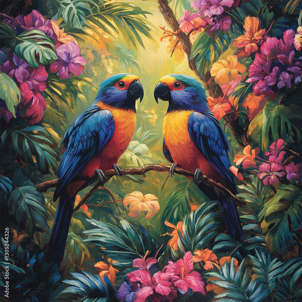 Fototapeta premium rainforest scene with birds generative AI