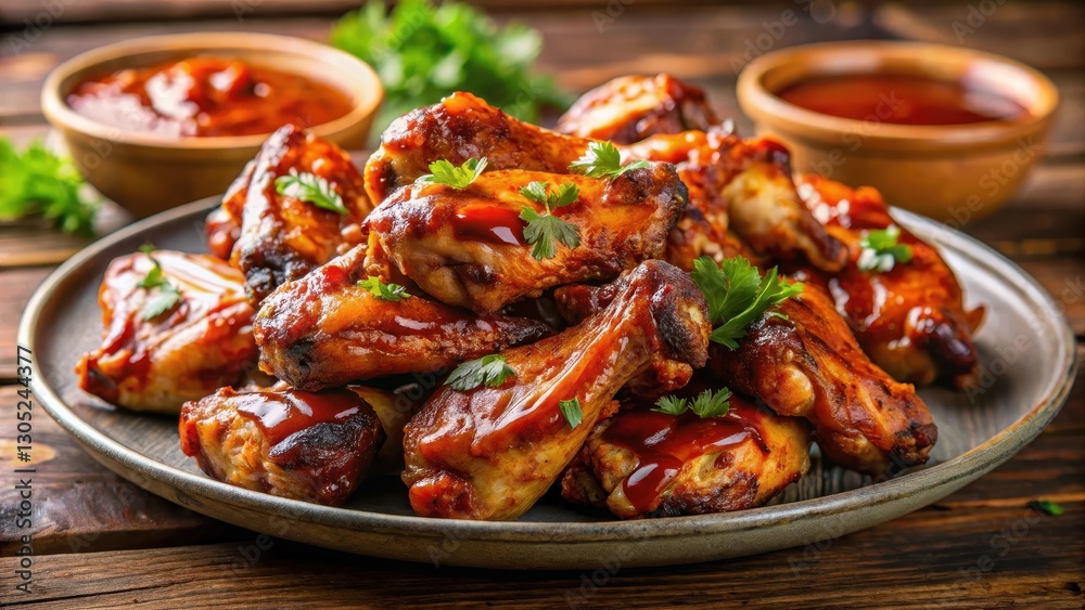 Spicy grilled chicken wings piled high on a plate with a rich and tangy barbecue sauce drizzling down Spicy grilled chicken wings piled high on a plate with a rich and tangy barbecue sauce drizzling down