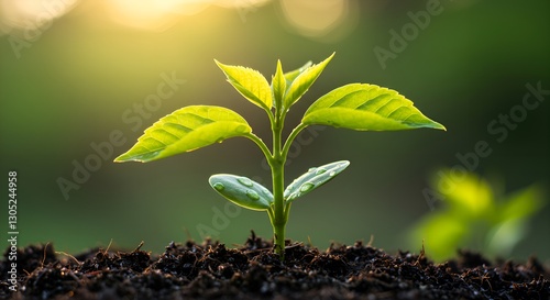 Young tree sprouting from the soil, bathed in golden sunlight