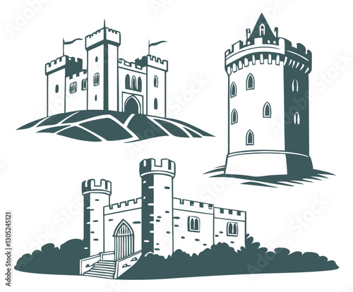 A set of famous Irish castle silhouettes in different styles, isolated on a white background.
