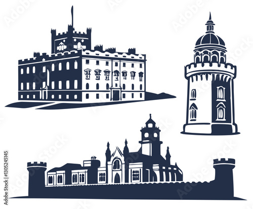 A set of famous Irish castle silhouettes in different styles, isolated on a white background.
