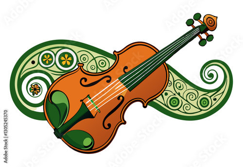 A detailed vector of an Irish fiddle with decorative Celtic patterns, accompanied by musical notes, isolated on a white background.
