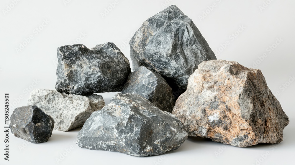 A Diverse Collection of Untreated Natural Rocks on a Clean Background, Showcasing Unique Textures, Shapes, and Colors for Educational and Design Purposes in Geology A Diverse Collection of Untreated Natural Rocks on a Clean Background, Showcasing Unique Textures, Shapes, and Colors for Educational and Design Purposes in Geology