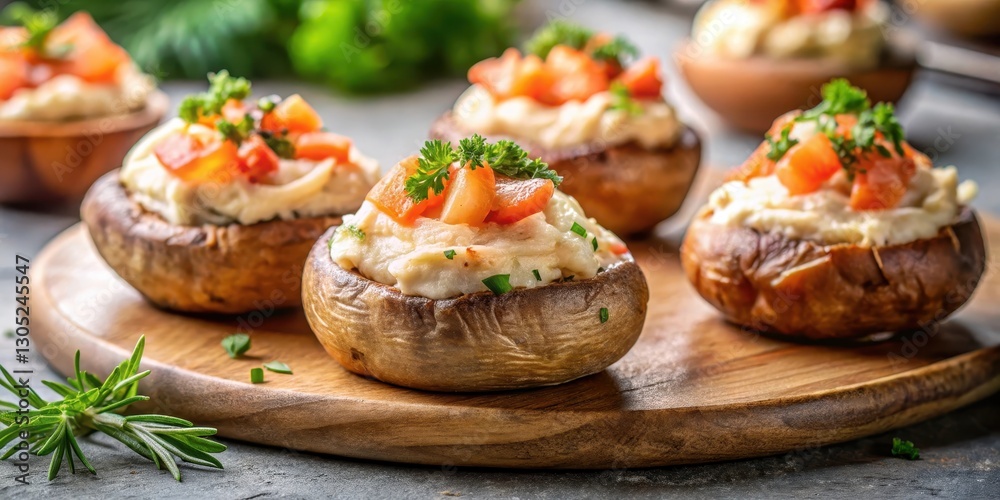 Stuffed mushrooms with salmon and cream, dinner ingredients, creamy sauce Stuffed mushrooms with salmon and cream, dinner ingredients, creamy sauce