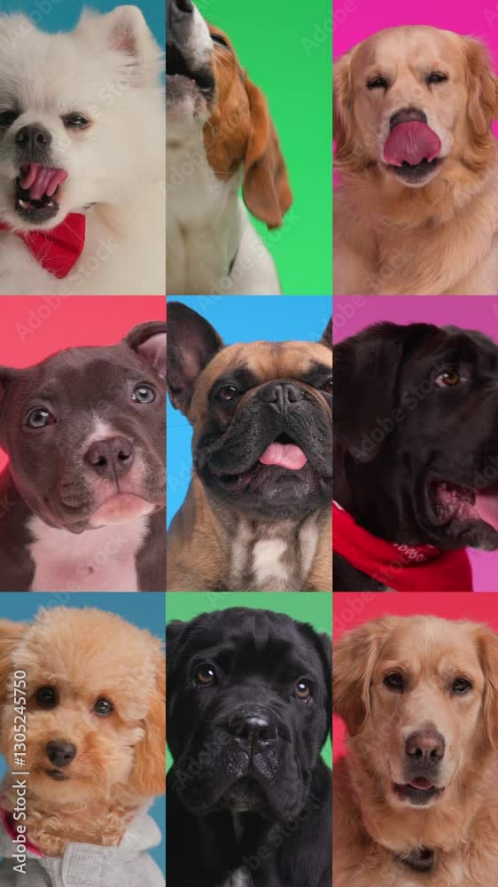 split screen collage of lovely dogs of different breeds panting and barking on colorful background