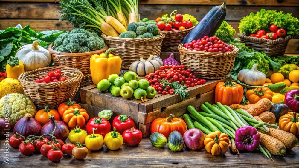 Vibrant colorful display of fresh produce arranged artfully on a rustic wooden table in a bustling farmers market scene , seasonal fruits, farmers market Vibrant colorful display of fresh produce arranged artfully on a rustic wooden table in a bustling farmers market scene , seasonal fruits, farmers market