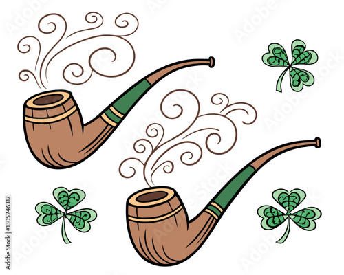 A set of wooden leprechaun pipes with whimsical smoke swirls forming shamrock patterns, isolated on a white background.
