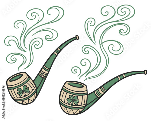 A set of wooden leprechaun pipes with whimsical smoke swirls forming shamrock patterns, isolated on a white background.
