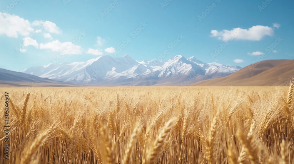 Close-up of barley against distant snow capped mountains. Close-up of barley against distant snow capped mountains.