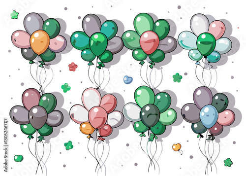 A vector collection of helium balloons in the shape of shamrocks, featuring glossy reflections and floating strings, isolated on a white background.
