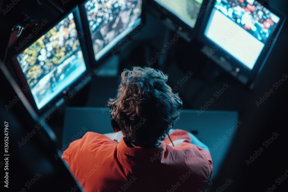 Fototapeta premium Immersive AI Surveillance Next-Gen Digital Monitoring Hub with Cybersecurity Professional Managing Multi-Screen Operational Intelligence in Cutting-Edge Control Environment