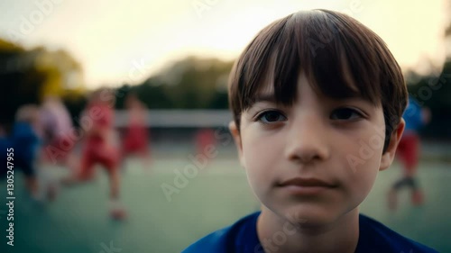 A young boy with brown hair looks ahead with a determined expression, standing on a sports field with children playing in the background

