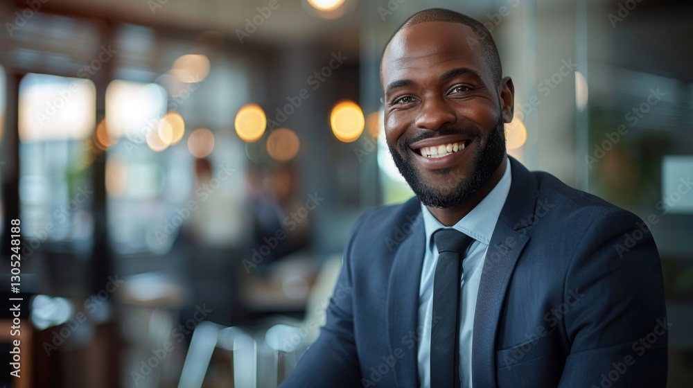 Fototapeta premium Smiling man in a suit radiates joy and positivity in a busy cafe setting during the afternoon