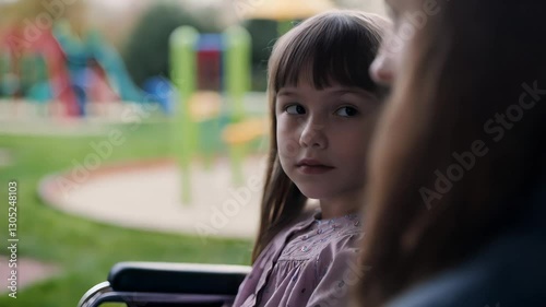 A young girl in a wheelchair looks at a woman beside her with a gentle expression, sitting in a park with a colorful playground in the background

