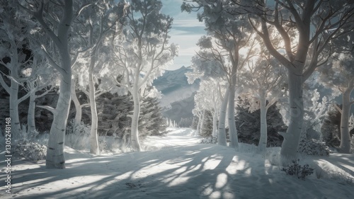 Winter forest with the sun shining through the trees. The trees are covered with a lush snow cap.