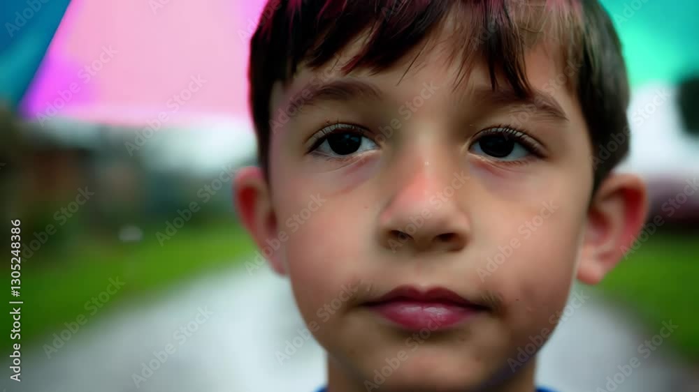 Boy with a serious expression standing under a pink umbrella on a rainy day. His face is in sharp focus while the background is blurred, creating a cinematic and emotional atmosphere
Boy with a serious expression standing under a pink umbrella on a rainy day. His face is in sharp focus while the background is blurred, creating a cinematic and emotional atmosphere