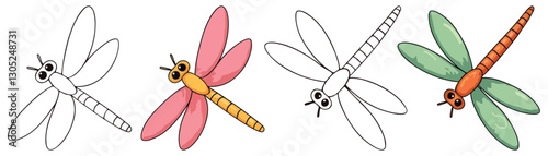 Dragonflies Isolated Line Art Vector Outline Illustration Black and White with Coloring Sample