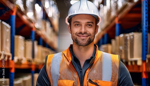 Portrait of a worker in warehouse, shallow depth of field, industry concept, man