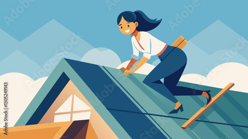 With determination in her eyes a Gen X woman tackles the complicated task of reshingling her own roof determined to save money and prove she can do it herself.. Vector illustration