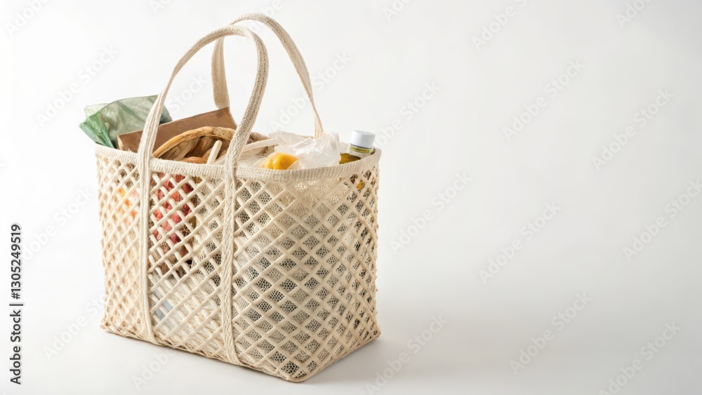 Woven Tote Bag with Groceries on White Background Woven Tote Bag with Groceries on White Background