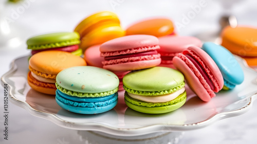 Delightful Paragon: Colorful French Macarons on Elegant Dessert Table - Gourmet Pastry Photography
