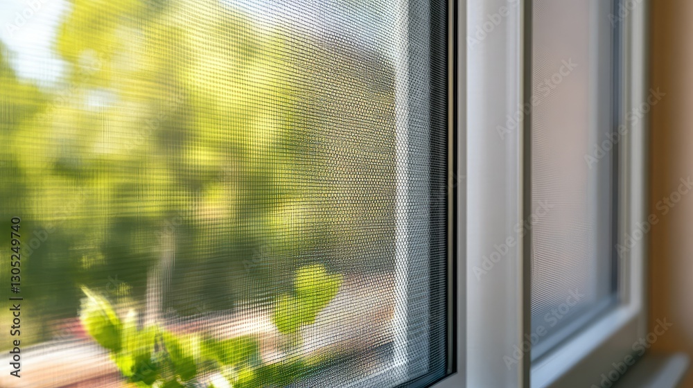 Fototapeta premium Close-Up View of a Sunlit Window Screen with Green Foliage in the Background, Showcasing Natural Light and Window Details in a Cozy Indoor Setting