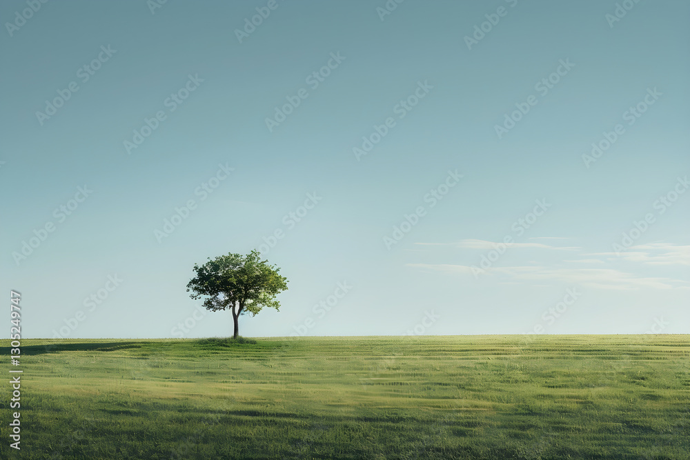 Obraz premium Solitary Tree in Peaceful Open Field Under Clear Sky