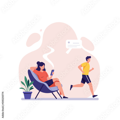 Woman Relaxing with Phone While Man Running Beside Her Outdoors
