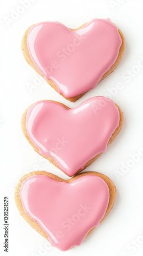 Heart-shaped cookies coated with raspberry powder and decorated with pink chocolate glaze. Isolated on a white background. Perfect for Valentine's Day, celebrations, and sweet dessert designs.