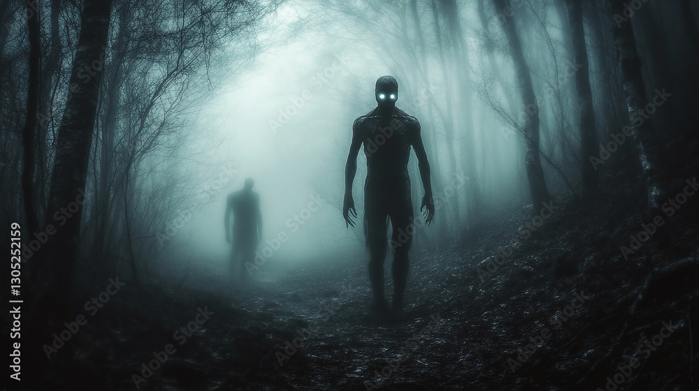 Eerie encounter in a misty forest. An ominous figure with glowing eyes looms, adding a chilling atmosphere. The fog obscures, intensifying suspense. Eerie encounter in a misty forest. An ominous figure with glowing eyes looms, adding a chilling atmosphere. The fog obscures, intensifying suspense.