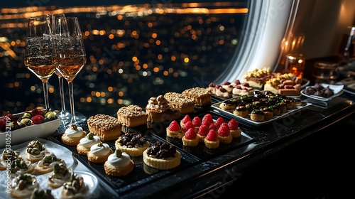 An opulent dessert spread mid-flight, with a selection of premium chocolate truffles, espresso-infused tiramisu, pistachio éclairs, and delicate fruit tarts,