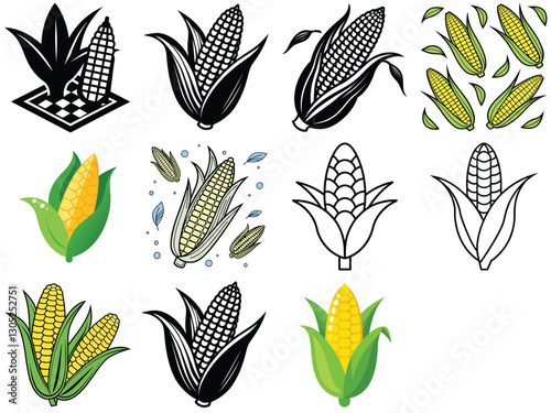 This collection presents twelve distinct corn cob illustrations, offering a variety of styles and color schemes. Included are both black and white line art and full-color depictions, showcasing the co