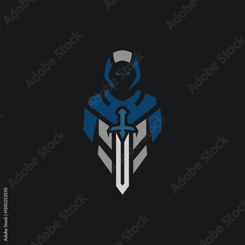 A dark, mysterious warrior emblem featuring a hooded figure with a sword at the center. The blue, gray, and black design conveys strength, stealth, and power, ideal for gaming or esports branding.