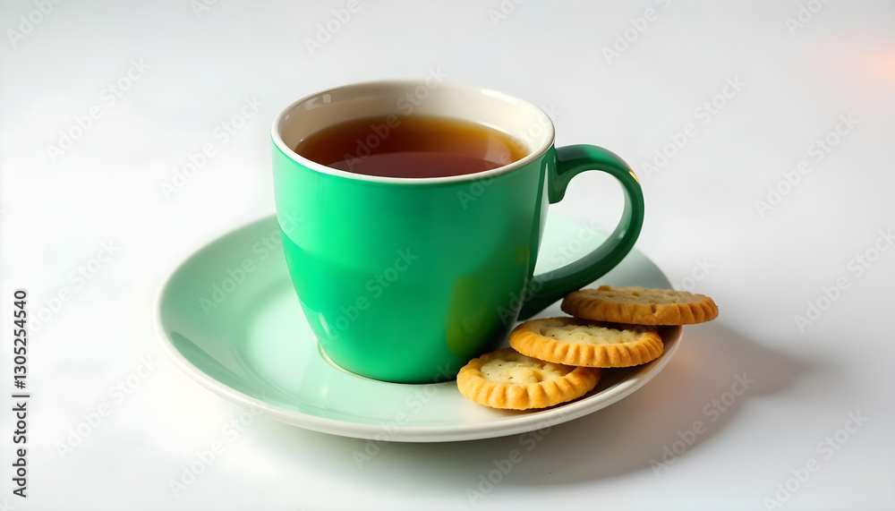 Simple white plate hosts a cup of tea beside three cookies against a pristine white background. Simple white plate hosts a cup of tea beside three cookies against a pristine white background.