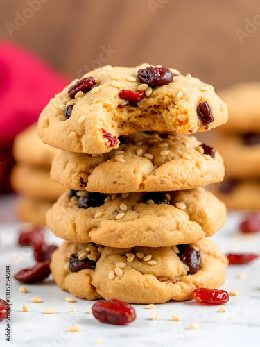 Cookies stack with dried cranberries and sesame seeds