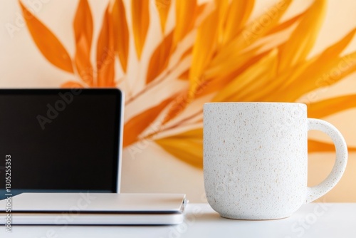 Minimalist Workspace Wellness Soft Boho Aesthetic with Ceramic Mug and Modern Laptop - Mindful Productivity in Warm Terracotta Home Office Design