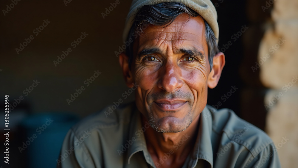 A portrait of a migrant worker, with a dignified and hopeful expression, representing the hard work and sacrifices made for their families. A portrait of a migrant worker, with a dignified and hopeful expression, representing the hard work and sacrifices made for their families.