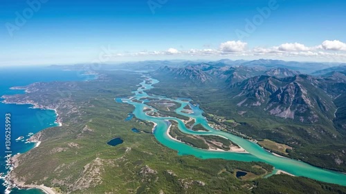 Rivers, lakes, mountains, and clouds