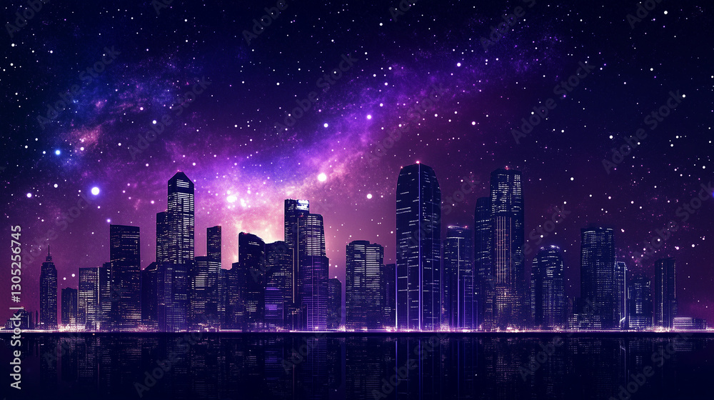 Fototapeta premium Futuristic Neon Cityscape Under Starry Sky