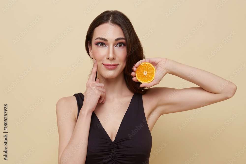 smiling beauty woman with orange. Photo of beautiful woman with perfect makeup on nude color background. Beauty and Skin care Vitamin C concept. smiling beauty woman with orange. Photo of beautiful woman with perfect makeup on nude color background. Beauty and Skin care Vitamin C concept.