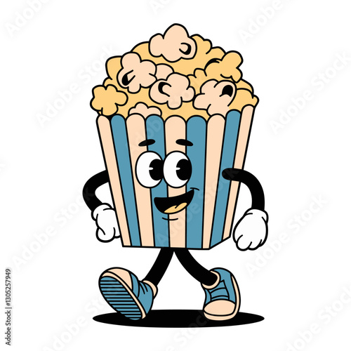 Retro cartoon character walking with a giant bucket of popcorn in a playful style