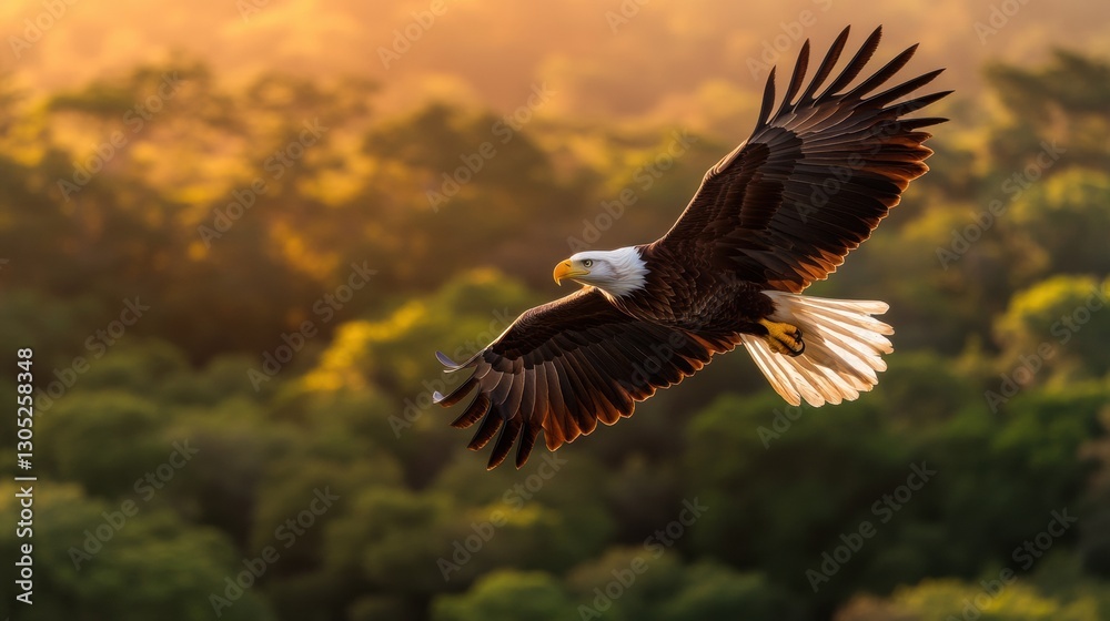 Fototapeta premium Eco-Resilience Visual Majestic Bald Eagle Soaring in Golden Light - Wilderness Conservation Storytelling for Climate-Conscious Brands and Environmental Narrative