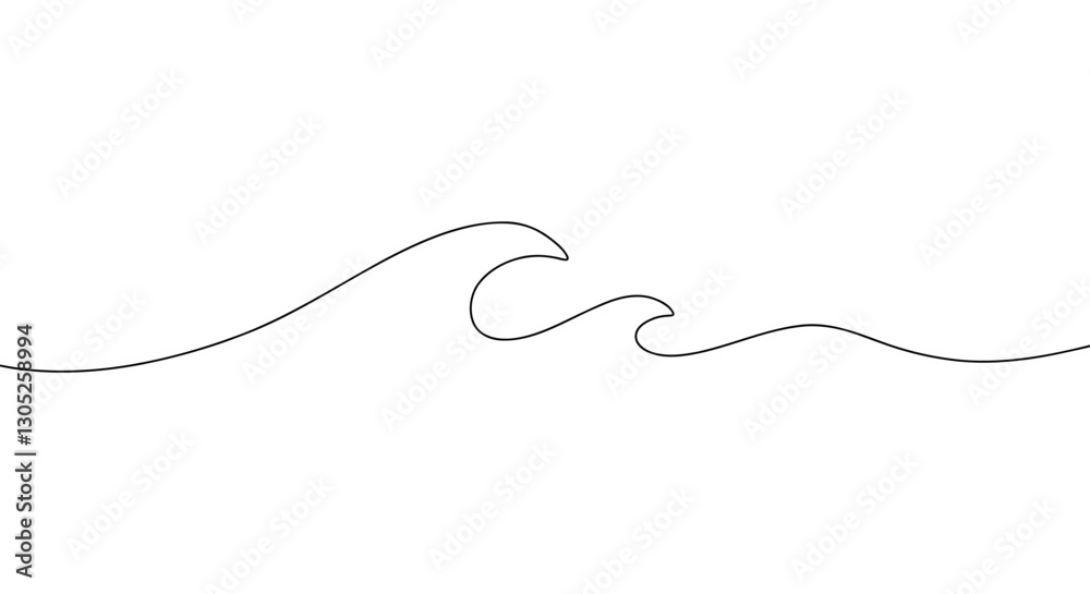 The wave is hand-drawn in one continuous line on a white background. Simple black and white graphic vector illustration. An element for decoration, banner, cover, design with an empty space for text The wave is hand-drawn in one continuous line on a white background. Simple black and white graphic vector illustration. An element for decoration, banner, cover, design with an empty space for text