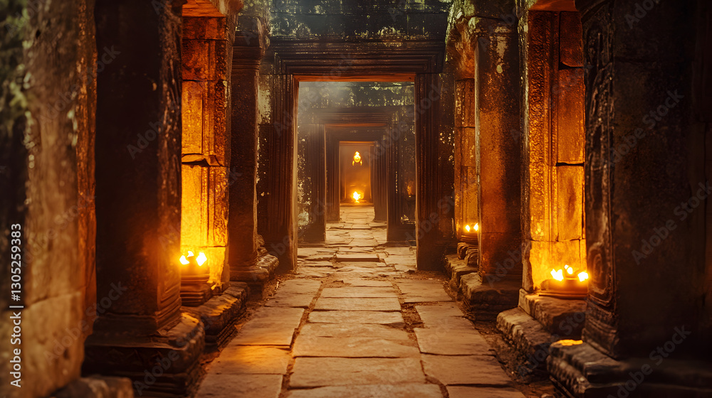 Fototapeta premium passageway with torches flickering against the stone walls, creating a dramatic ancient ambiance 