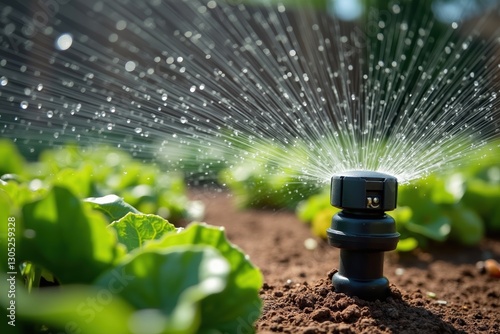 A Sprinkler Is Spraying Water Onto Plants in a Garden - Generative AI